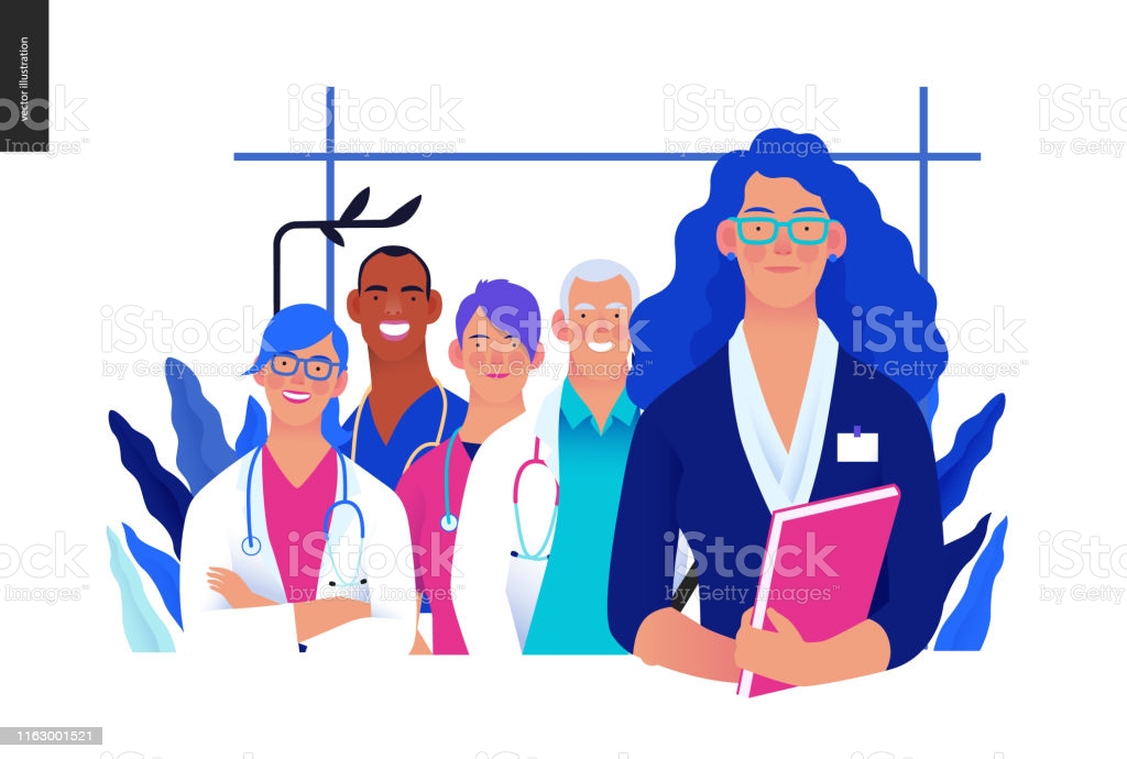 Medical insurance illustration -hospital administrator -modern flat vector concept digital illustration - a female hospital administrator with a team of doctos concept, medical office or laboratory